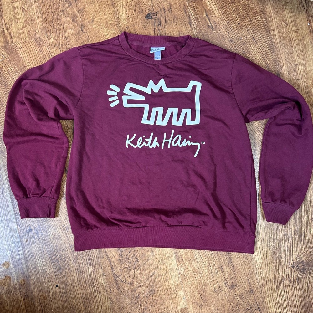 62. Keith Haring Barking Dog Graphic Sweatshirt Maroon Burgundy Pop Art Crewneck
